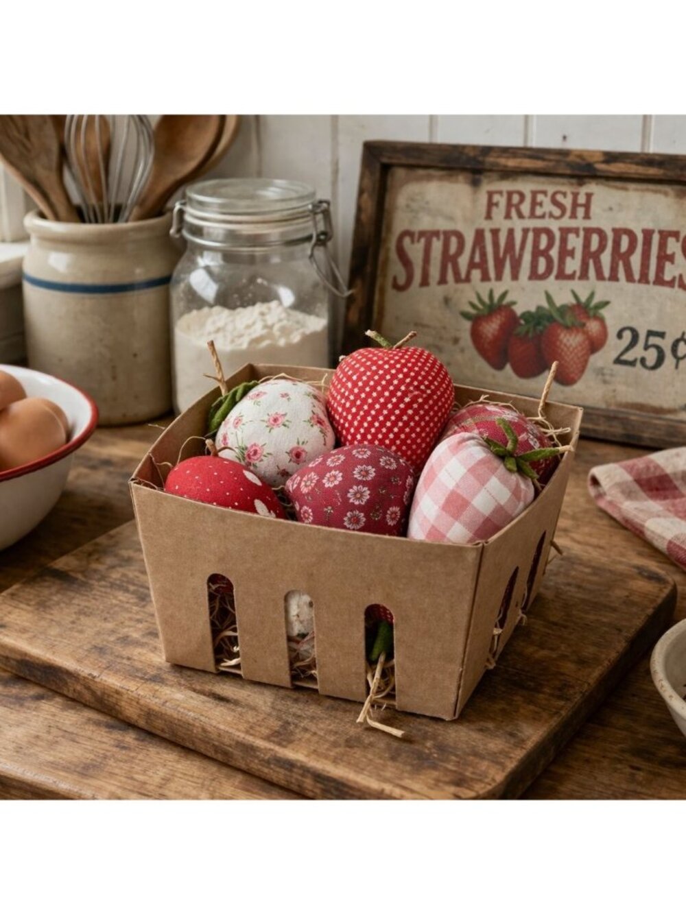 Fabric Strawberry Set Rustic Bowl Filler Cottage Kitchen Gingham Strawberries